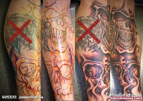 Grey Ink Skulls Leg Tattoo Design