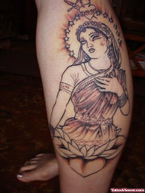 Grey Ink Lotus Flower And Women Tattoo On Leg Tattoo