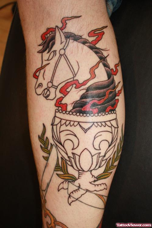 Flaming Horse Head Leg Tattoo