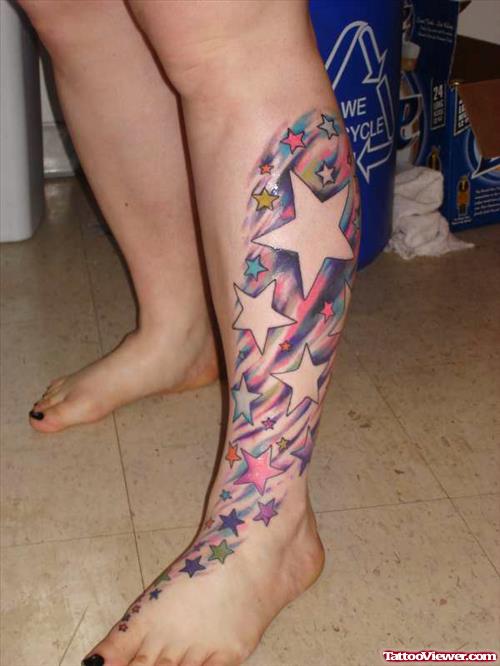 Colorful Stars And Leg Tattoo For Girls