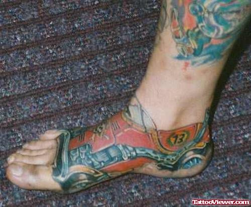 Colored Ink Car And Flowers Tattoo On Leg