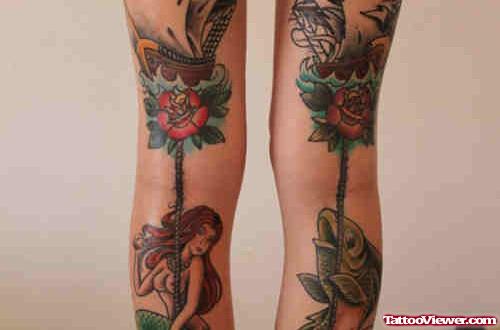 Flowers And Mermaid Back Leg Tattoos