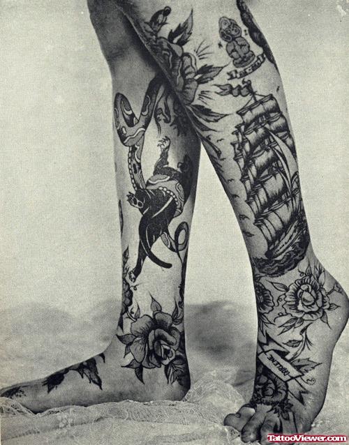Flower And Ship Leg Tattoos