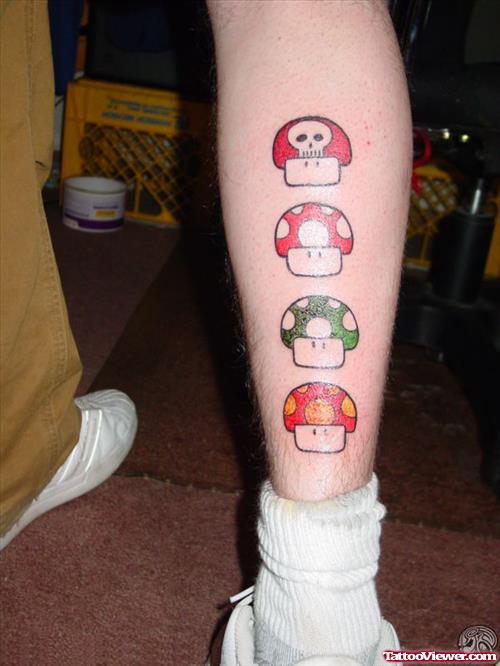 Colored Mario Mushrooms Back Leg Tattoo