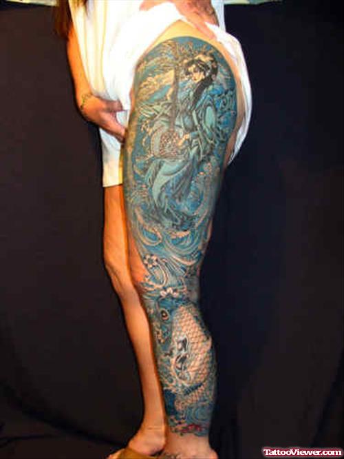 Colored Ink Under Sea Leg Tattoo
