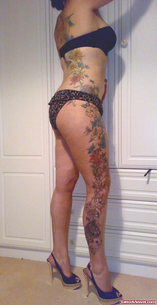 Colored Flowers Side Leg Tattoo For Girls