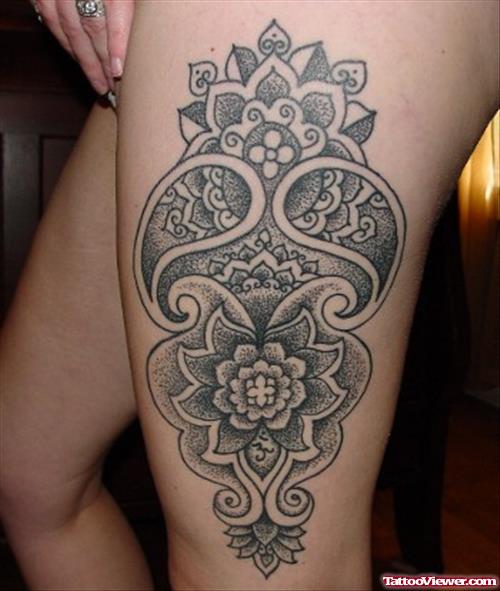 Grey Ink Mandala Flower Leg Tattoo