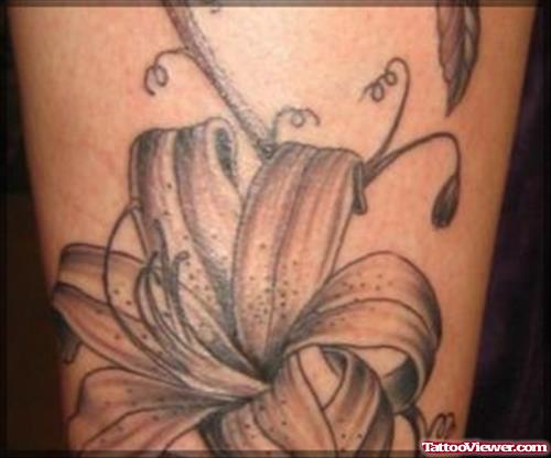 Grey Ink Lily Flower Leg Tattoo