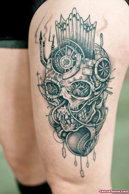 Grey Ink Biomechanical Skull Leg Tattoo