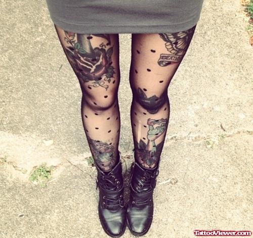 Girl With Rose Flower Leg Tattoo