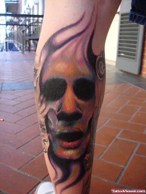 Demon Head Back Leg Tattoo