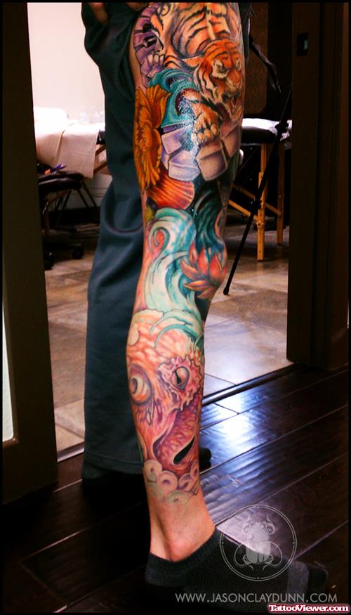Colored Japanese Tiger And Flowers Leg Tattoo