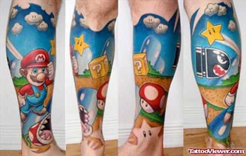 Colored ink Mario Leg Tattoo
