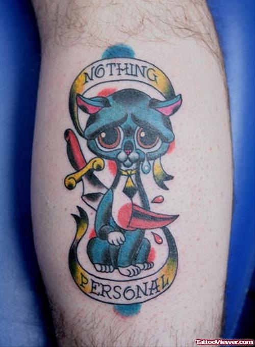 Cat With Banner Leg Tattoo