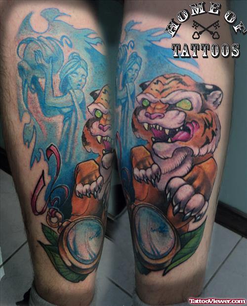 Aquarius And Tiger Leg Tattoo