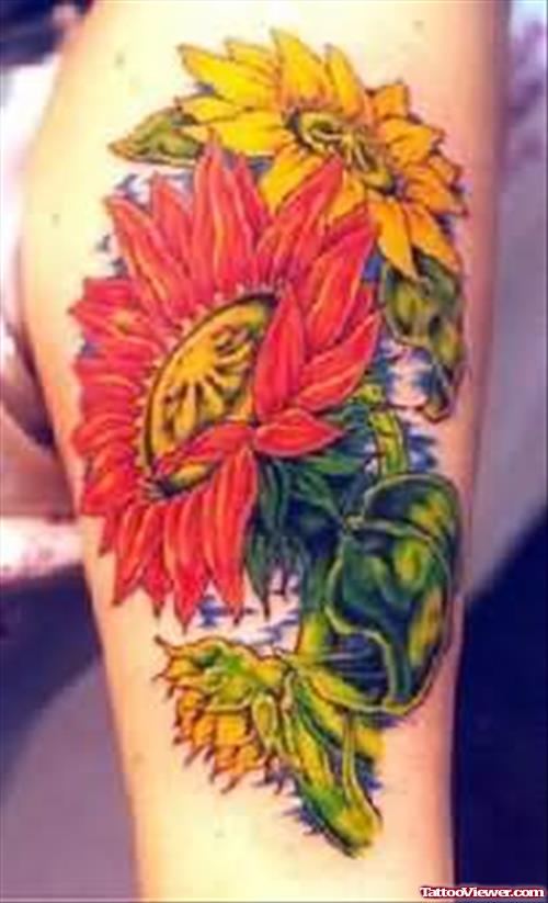 Beautiful Sunflower Tattoo On Leg