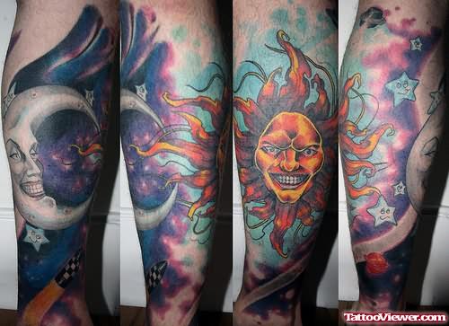 Sun And Moons Tattoos On Leg