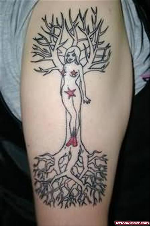 Tree & Girl Tattoo On Leg