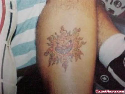 Angry Sun Tattoo On Leg