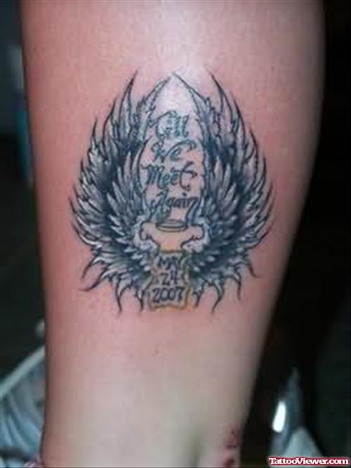 Wings Memorial Tattoo On Leg