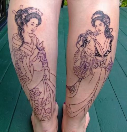 Geisha Girls Back Leg Tattoos