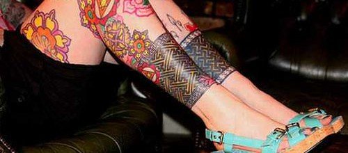 Colored Flowers Leg Sleeve Tattoos