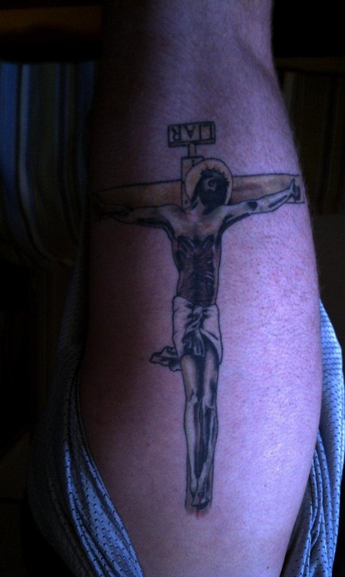 Jesus And Cross Leg Tattoo