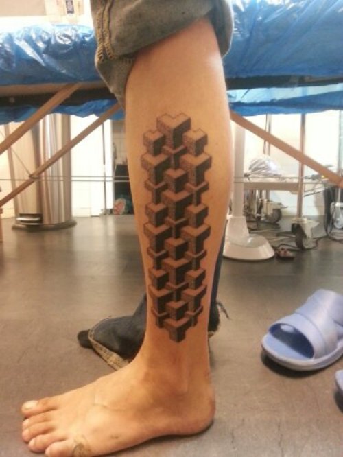 Grey Ink Man Left Leg Tattoo