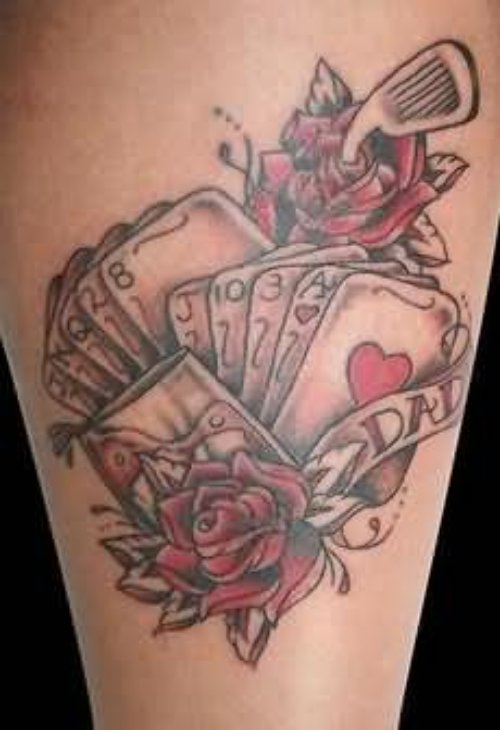 Gambling & Rose Tattoo On Leg