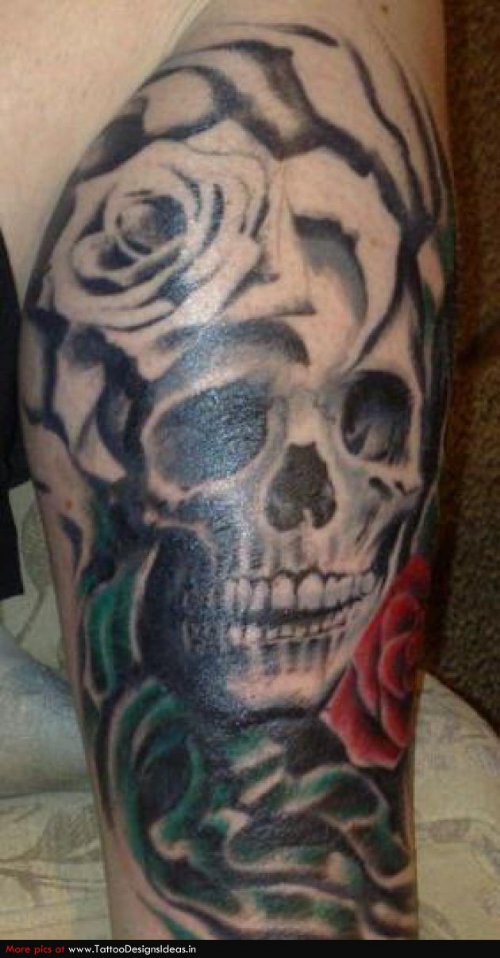 Rose Flowers And Skull Leg Tattoo
