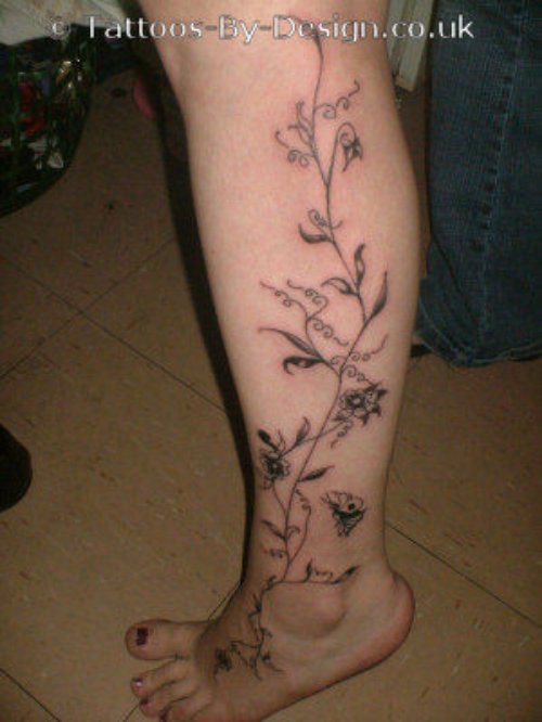 Growing Up Vine Flowers Leg Tattoo