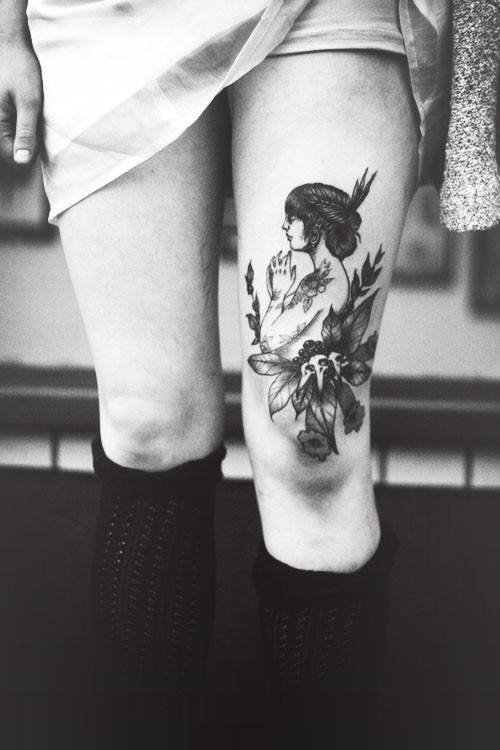 Girl Tattoo On Left Leg