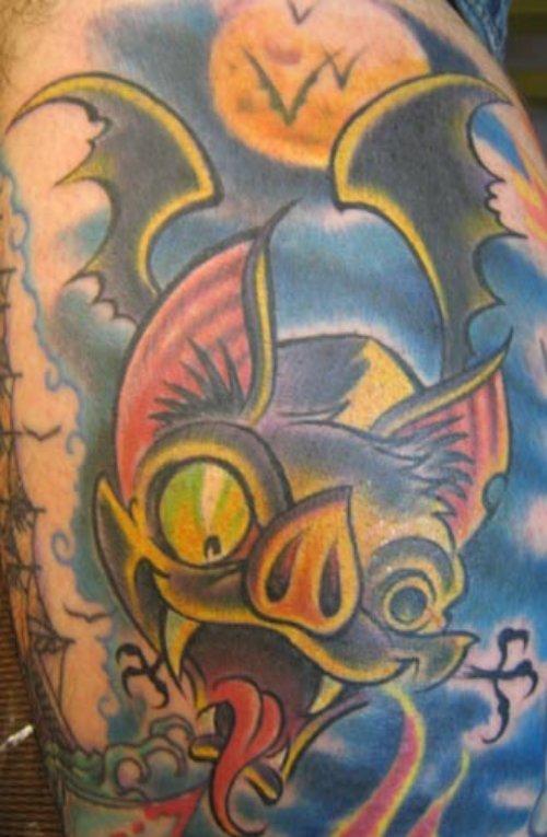 Colored Bat Head Leg Tattoo