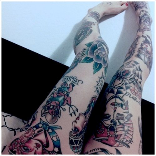 Spider Web And Rose Leg Tattoos