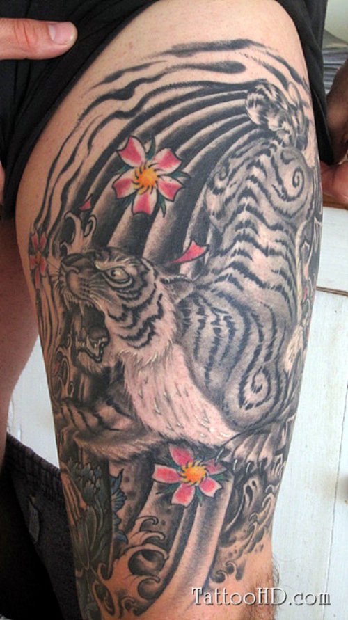 Chinese Flower And Tiger Leg Tattoo