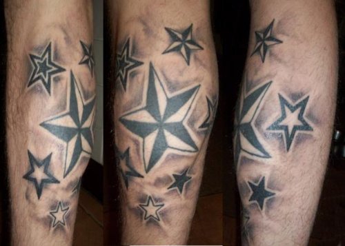 Grey Ink Nautical stars Leg Tattoo