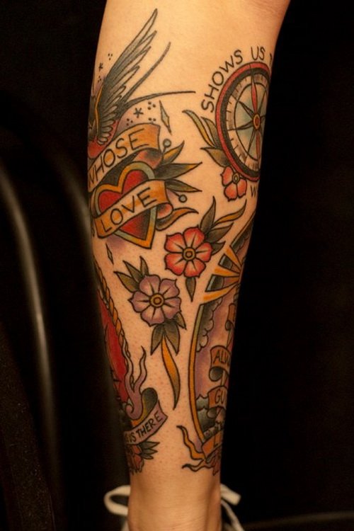 Flowers Compass And Banner Heart Leg Tattoo