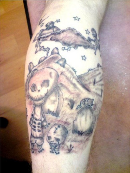 Grey Ink Pirates Back Leg Tattoos