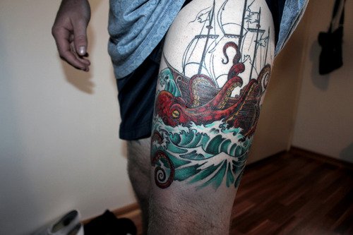 Colored Octopus Leg Tattoos For Men