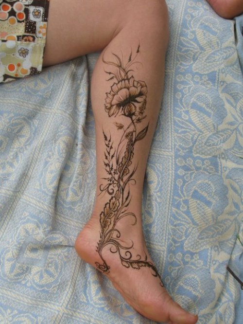 Grey Ink Flower Leg Tattoo
