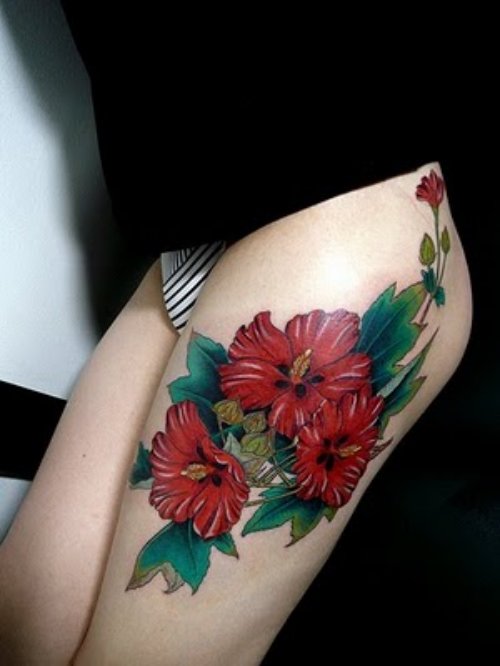 Red Flowers Leg Tattoo For Girls