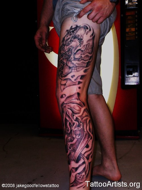 Grey Ink Dragon Left Leg Tattoo