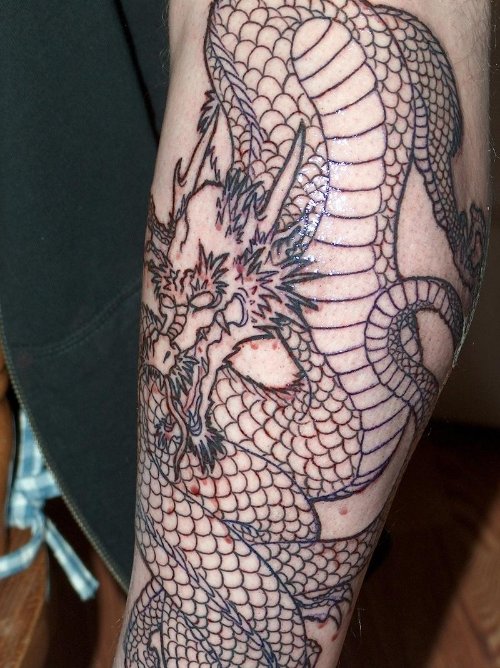 Awful Grey Ink Dragon Leg Tattoo