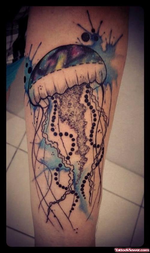 Watercolor marine jellyfish tattoo on leg