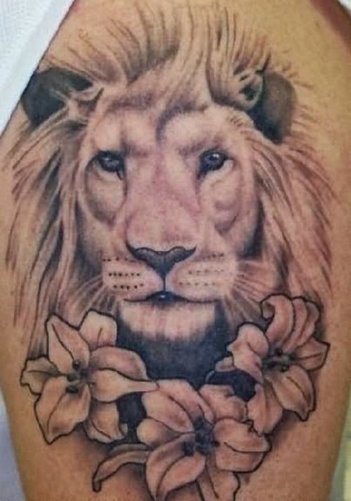 Flowers And Lion Head Tattoo