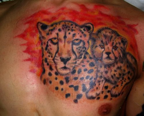Fire And Leopard Tattoo On Chest