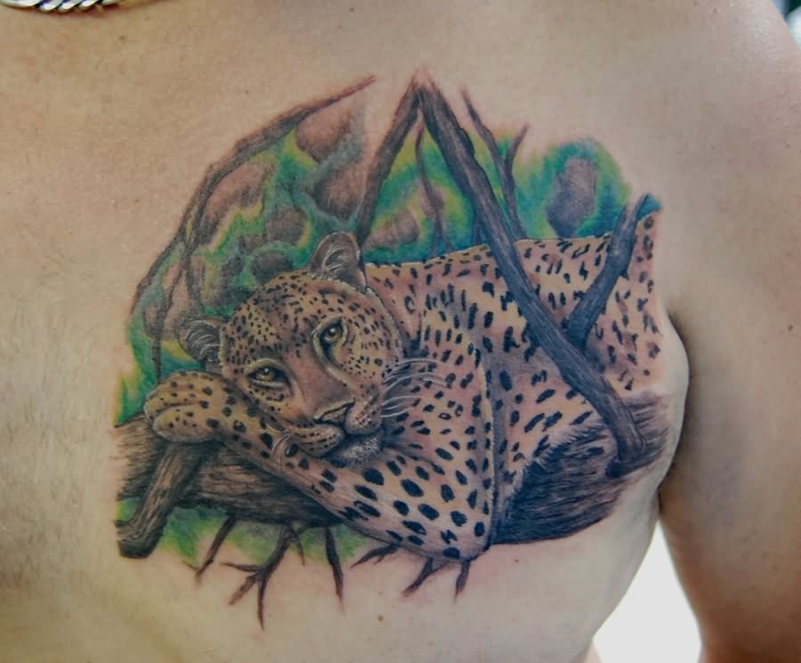 Leopard Sleeping Tattoo On Chest