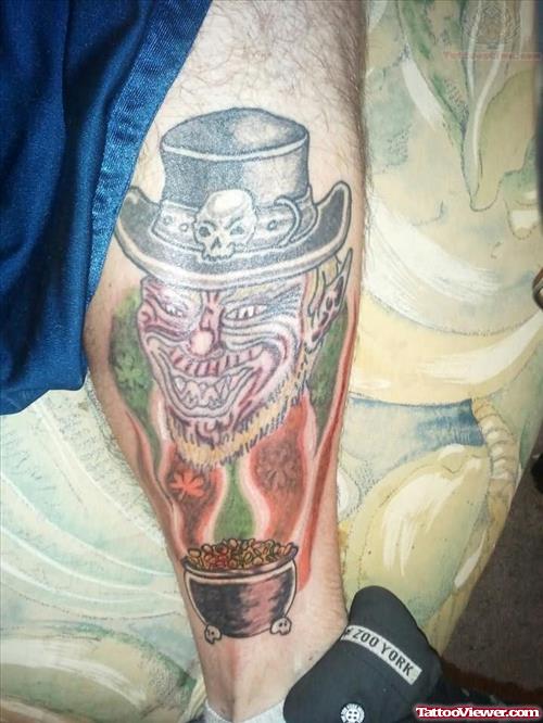 Leprechaun Head Tattoo On Leg