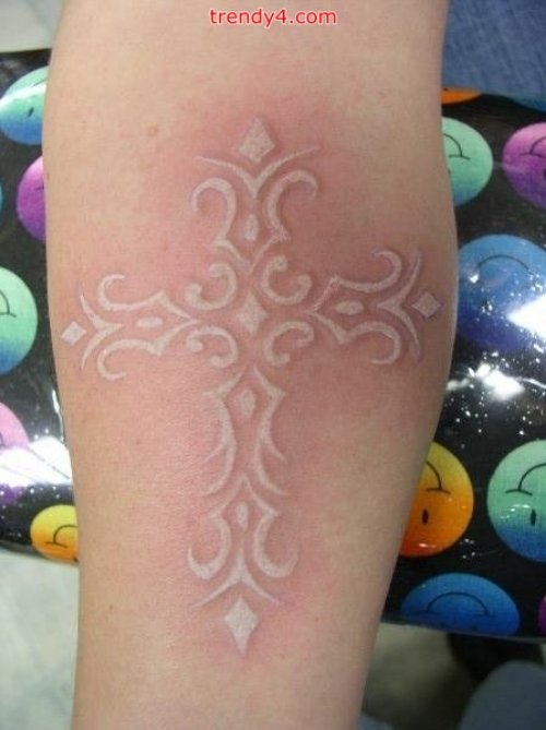 White Ink Tribal Light Tattoo On Right Forearm
