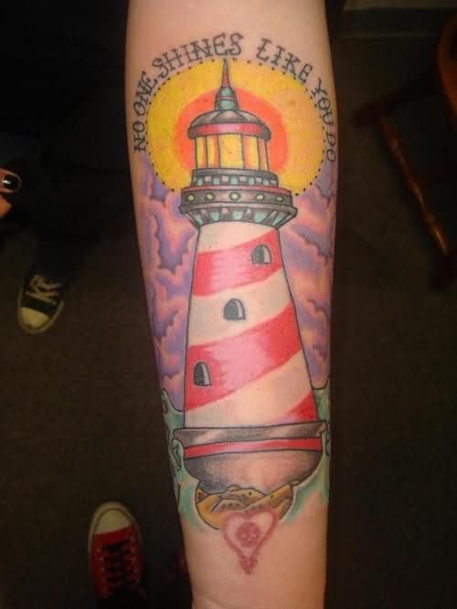 Colored Lighthouse Tattoos On Arm Sleeve